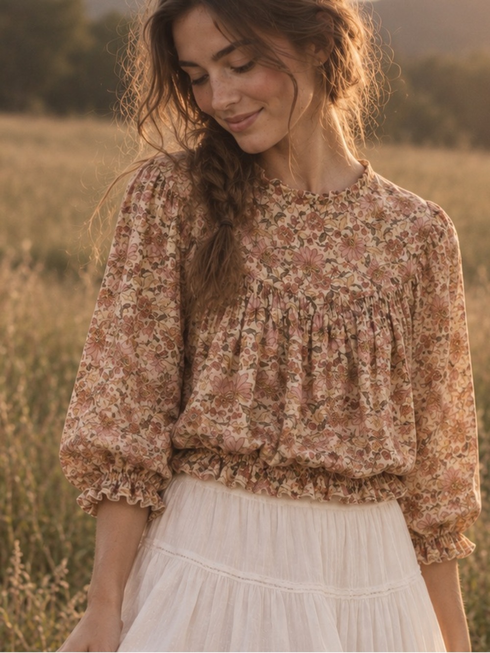 Floral Smocked Boho Blouse Size L Romantic Peasant Top